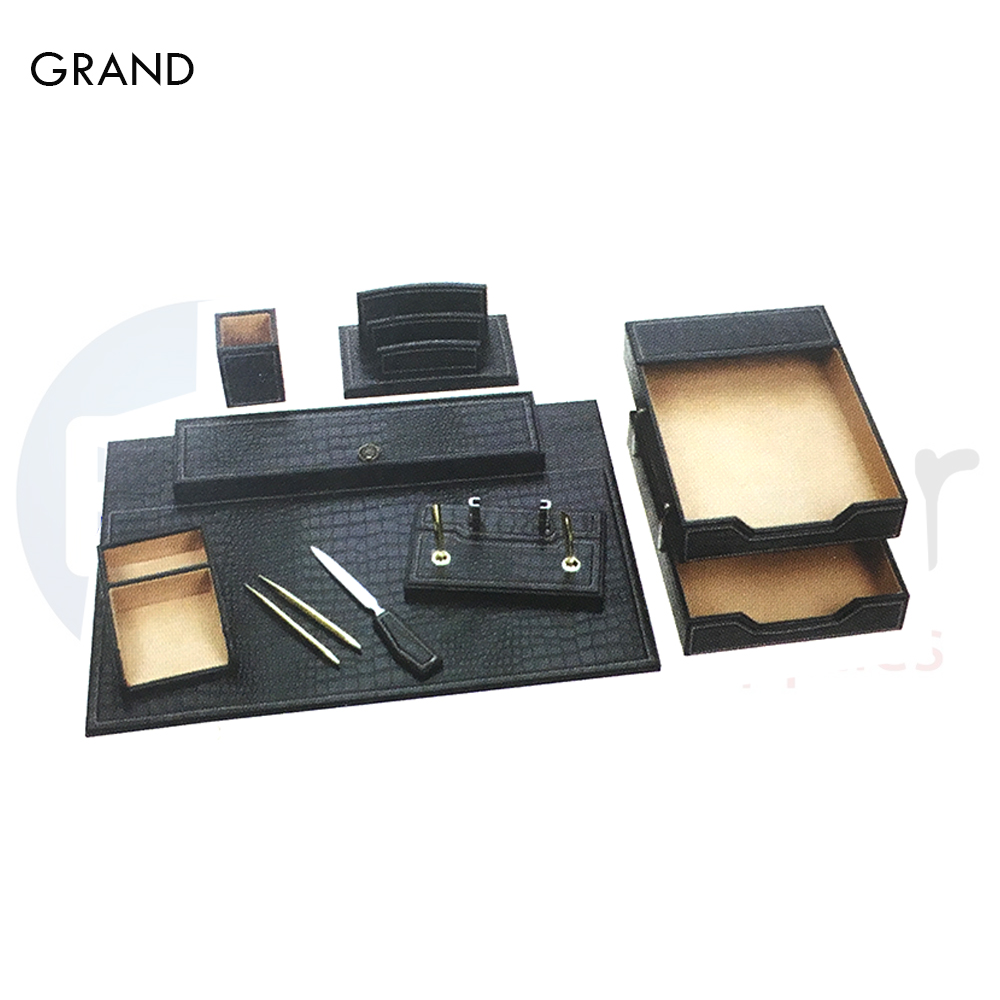 GRAND Desk set,Leather ,7 pcs. double tray ,black color