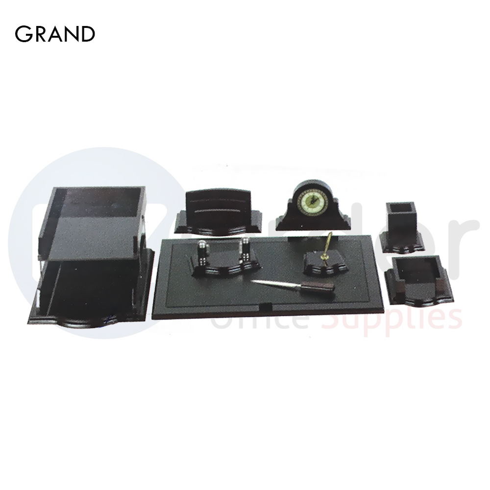 GRAND Desk set,Leather ,9 pcs. doubletray ,Dark Brown wood&black leather