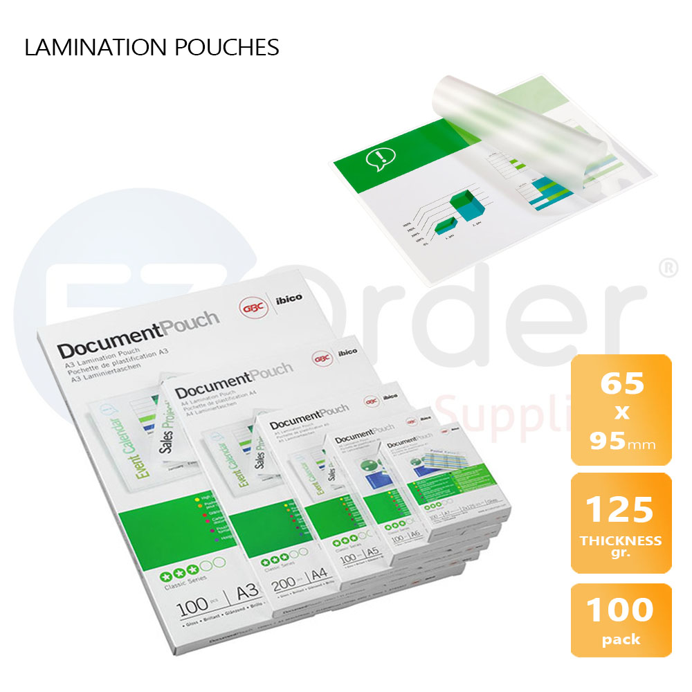 Laminating pouches,65x95mm,125 microns (100/Pack)