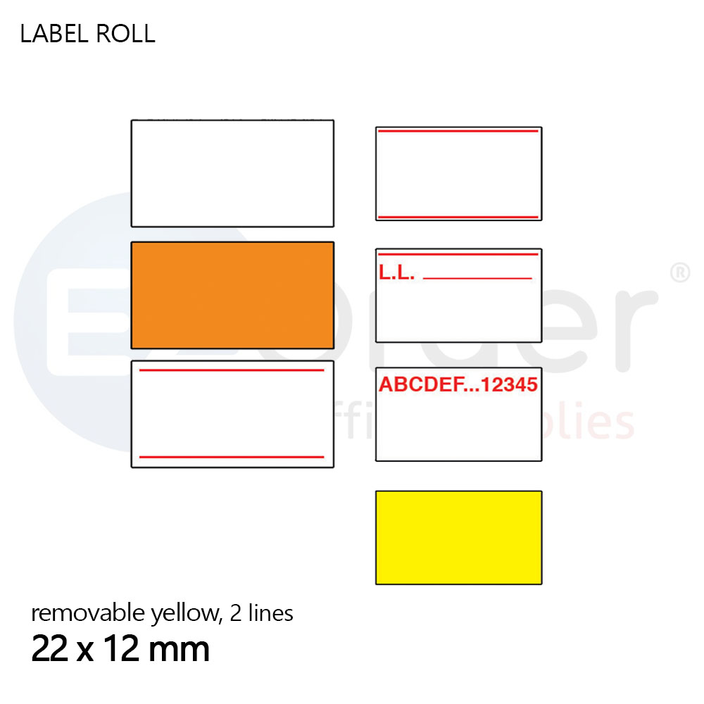 Price gun label roll, 22x12mm, (pack 10), 2 lines removable yellow